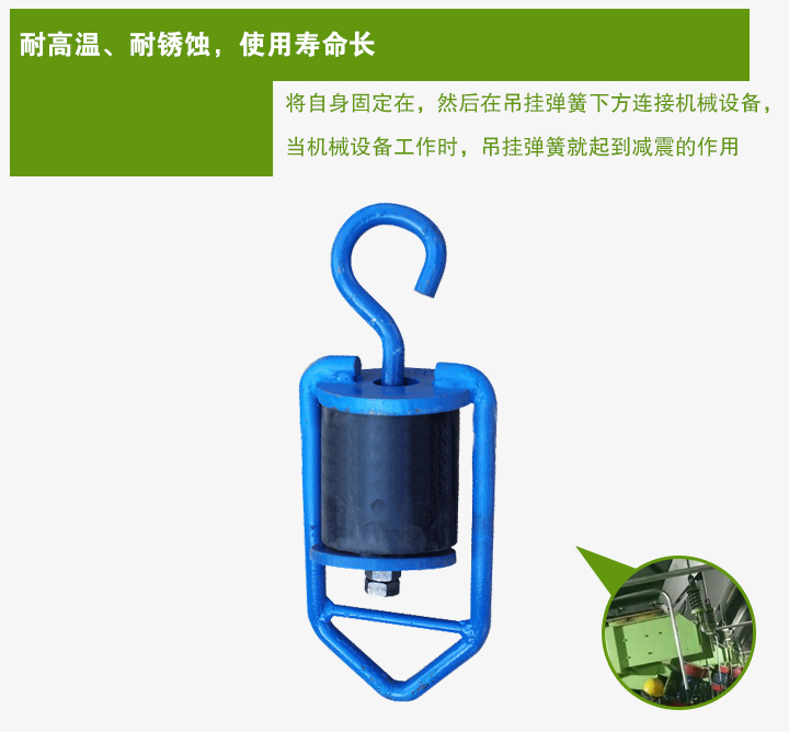 吊掛彈簧將自身固定在，然后在吊掛彈簧下方連接機械設備， 當機械設備工作時，吊掛彈簧就起到減震的作用